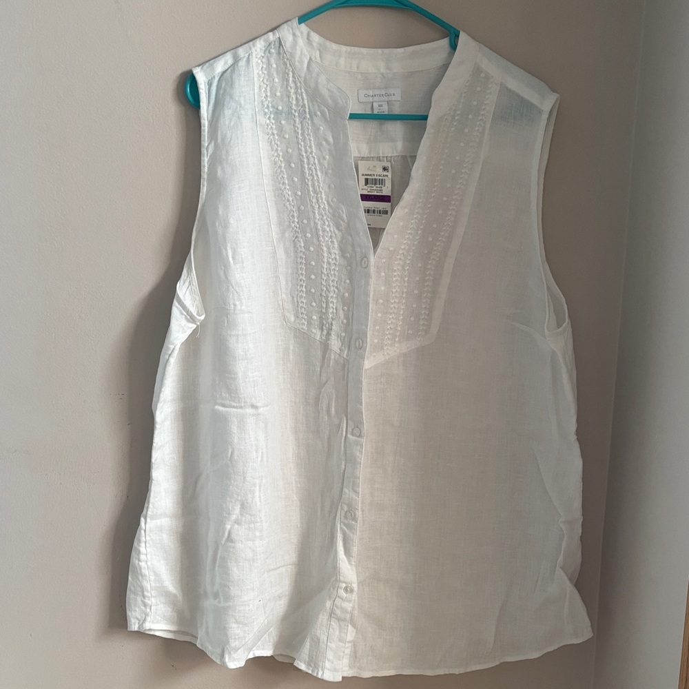 Charter Club White Sleeveless Linen Blouse